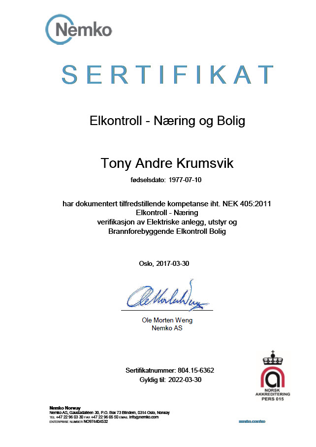 Skannet sertifikat: Elkontroll - Næring og bolig